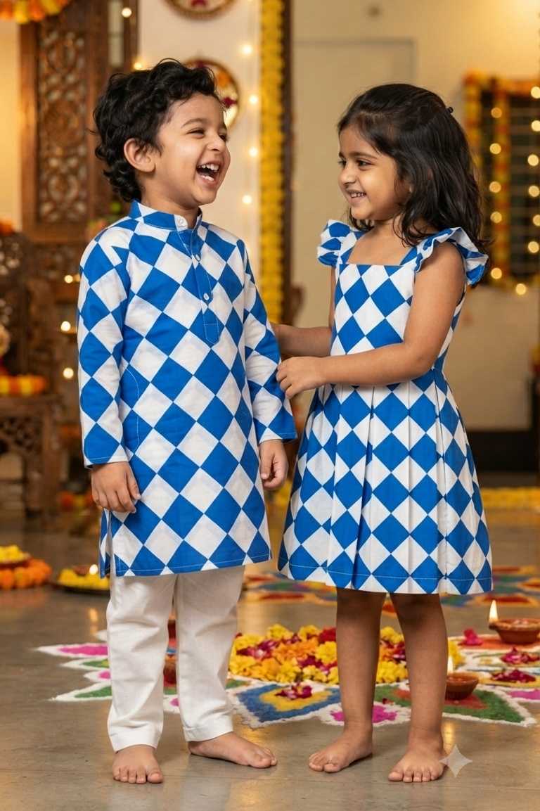 Blue Square Siblings Twinning Outfit| Pure Cotton