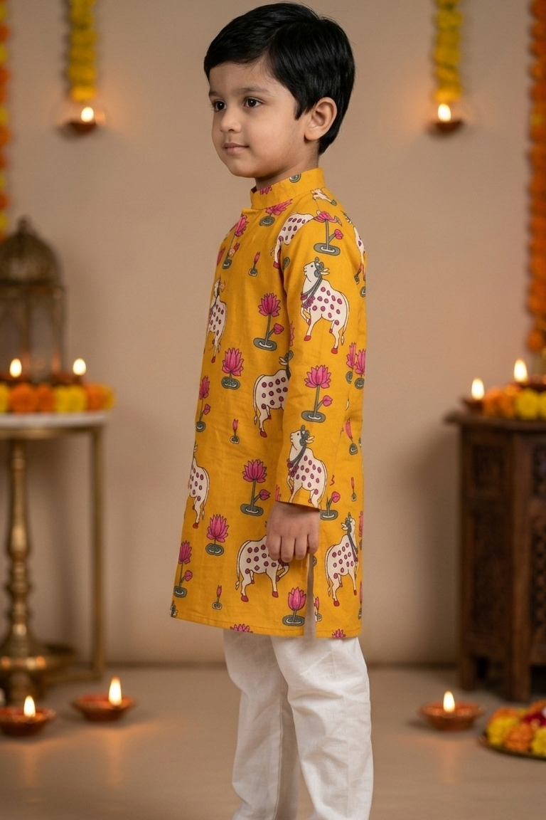 Mustard Pichwai Kurta Pajama Sets for Boys|Pure Cotton