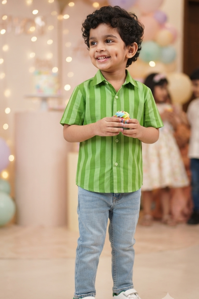 Green Strip Boys Shirt| Pure Cotton