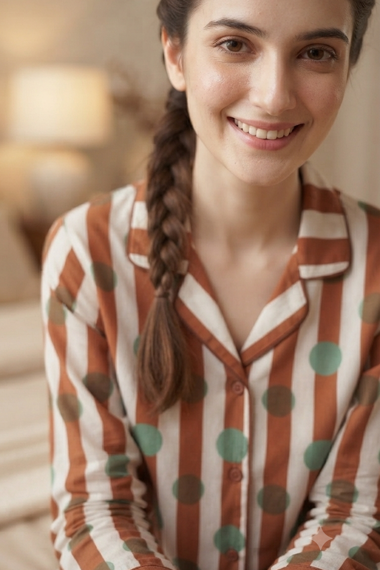 Brown Polka dot Nightsuit For Women| Pure Cotton