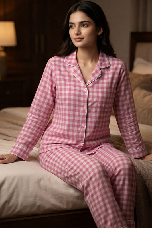 Red-Pink Check Nightsuit For Women| Pure Cotton