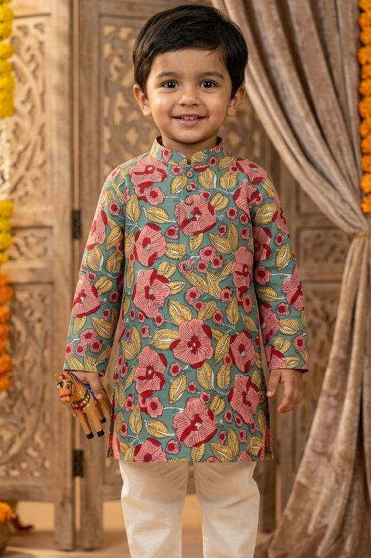 Blue Red Floral Kurta Pajama Sets for Boys| Pure Cotton