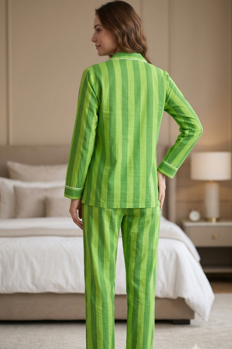 Green Strip Nightsuit For Women| Pure Cotton