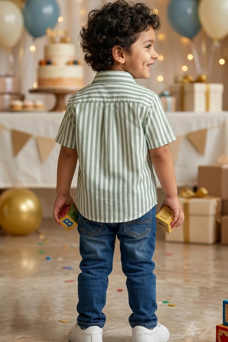 Olive Green  Strip Boys Shirt| Pure Cotton