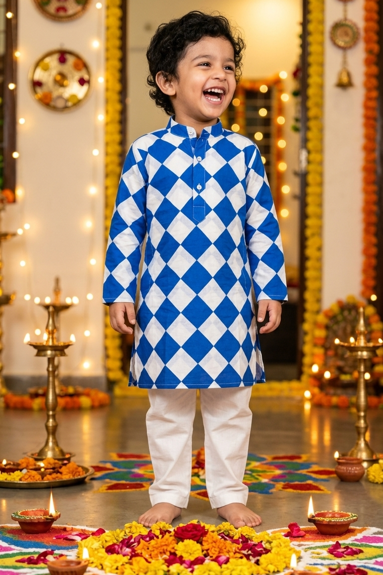 Blue Square  Kurta Pajama Sets for Boys|Pure Cotton