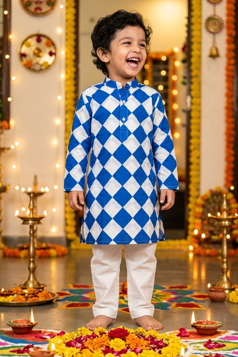 Blue Square Siblings Twinning Outfit| Pure Cotton