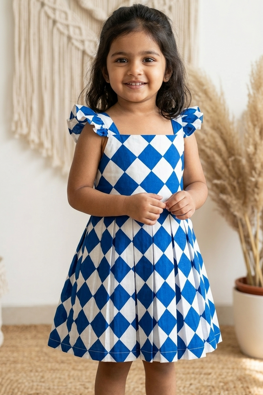Blue Squre Girls Dress| Pue Cotton