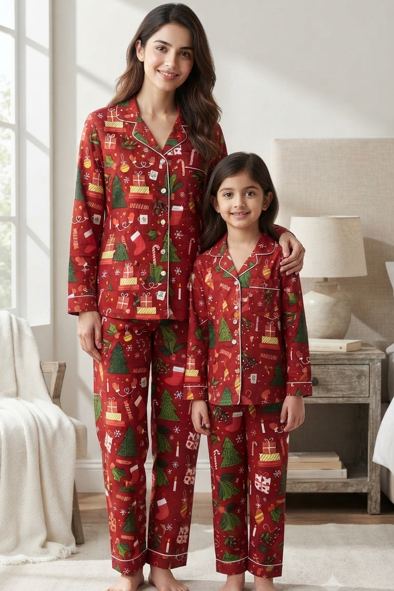 Merry Christmas Twinning Nightsuit Sets For Mother &  Kids| Pure Cotton