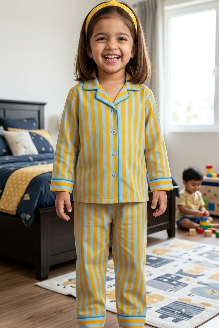 Yellow-Blue Strip  Nightsuits for kids| Unisex| Pure Cotton