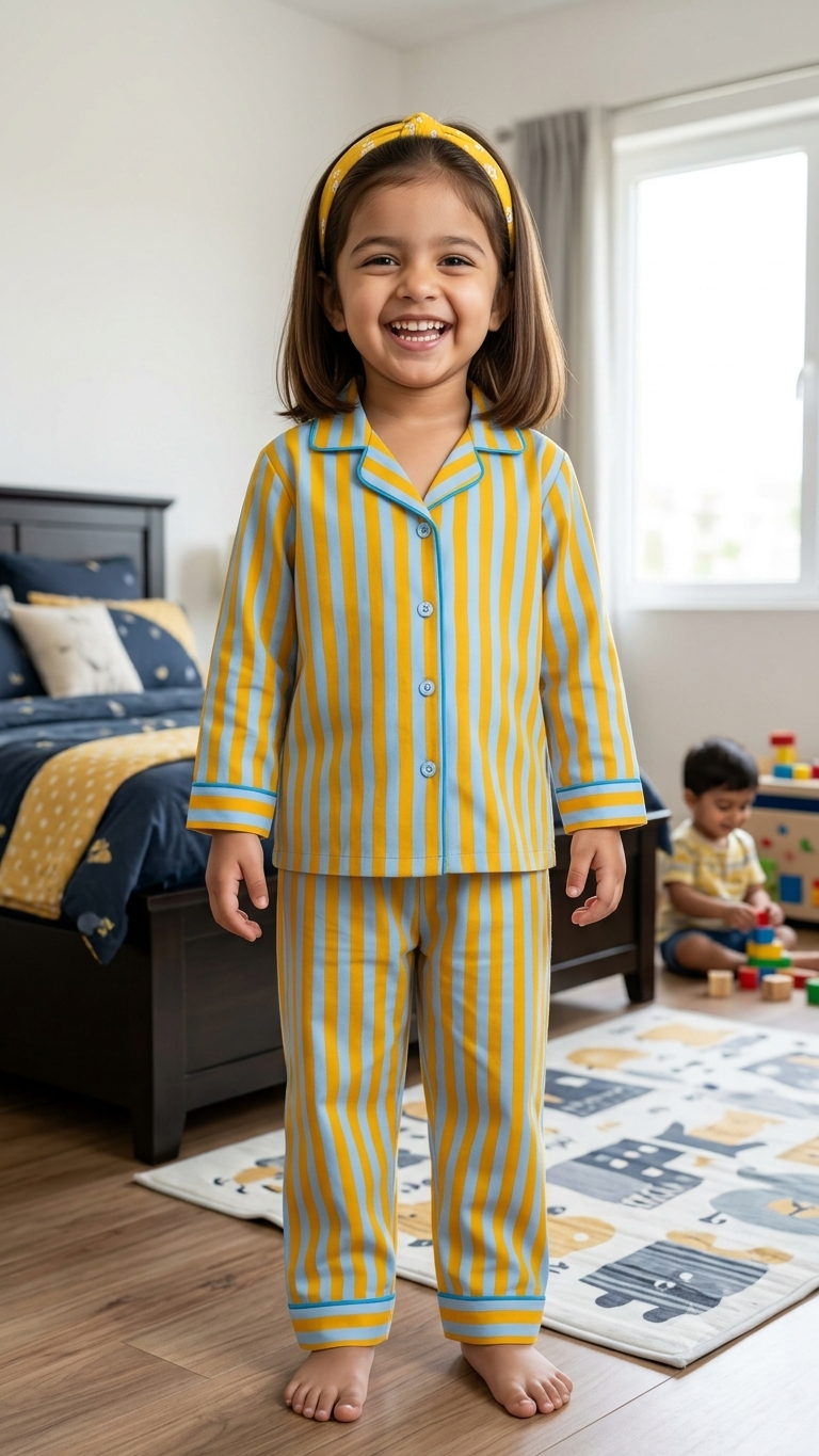 Yellow-Blue Twinning Nightsuit Sets For Mother &  Kids| Pure Cotton