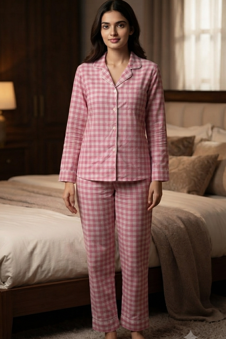 Red-Pink Check Nightsuit For Women| Pure Cotton