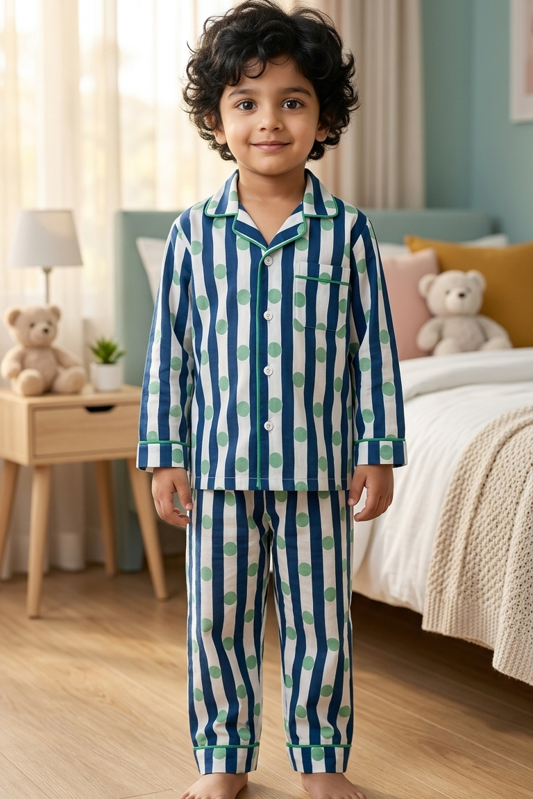 Blue Polka Dot Nightsuits for kids| Unisex| Pure Cotton