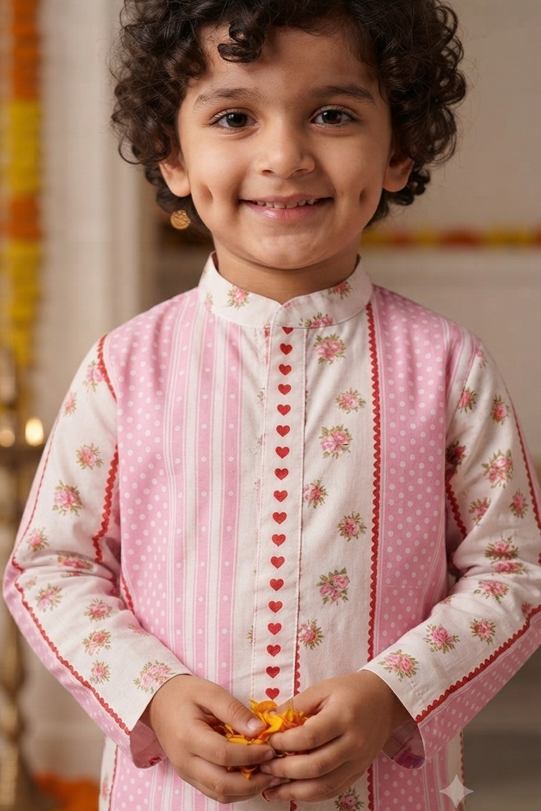 Pink Floral  Kurta Pajama Sets for Boys| Pure Cotton