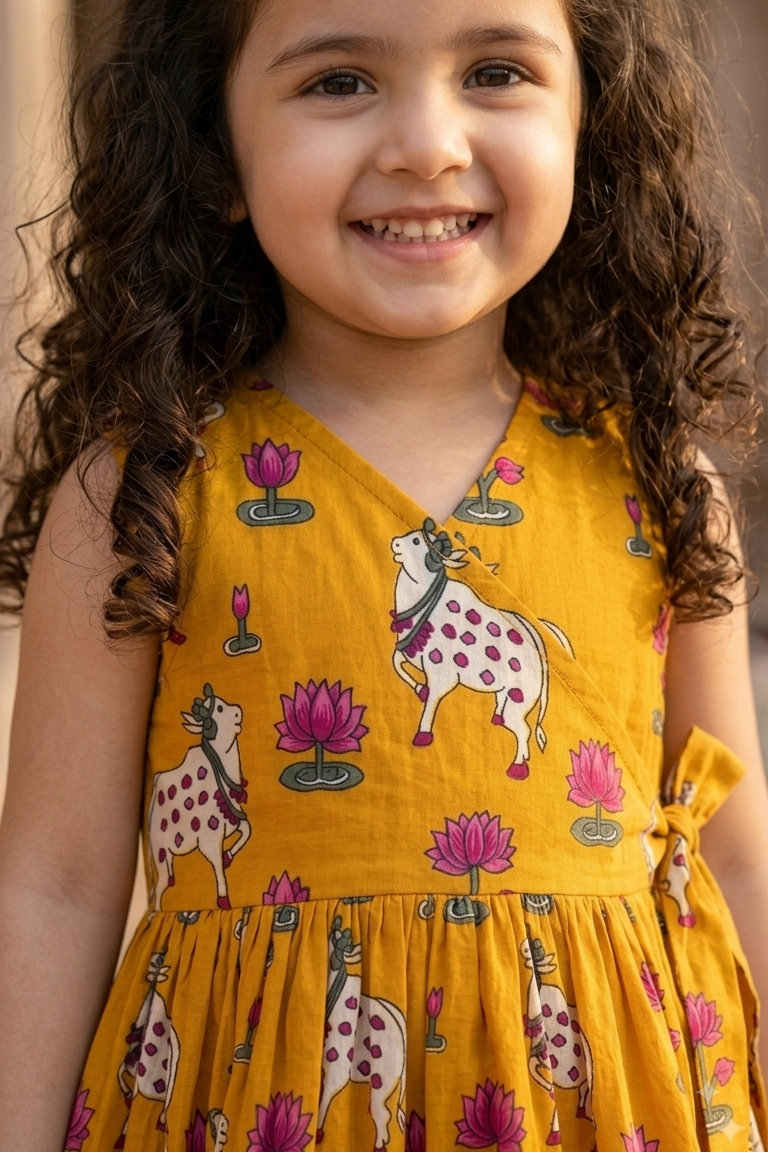 Mustard Pichwai Girls Dress| Pue Cotton