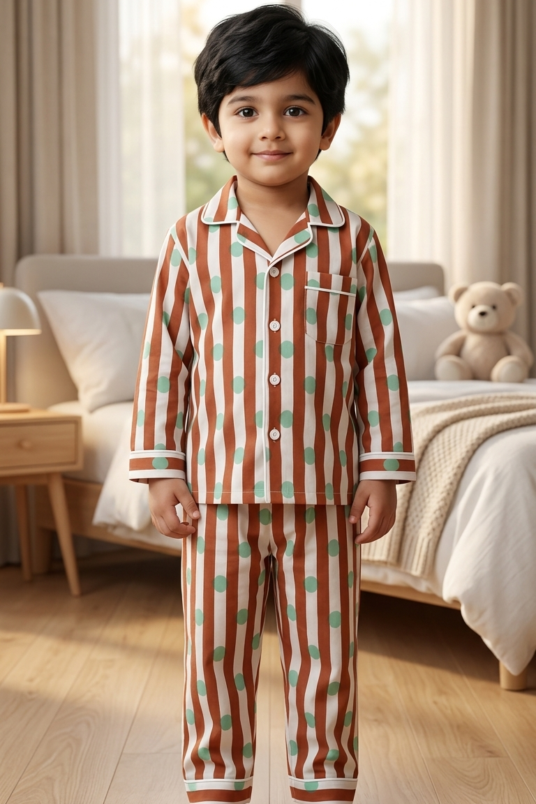 Brown Polka Dot Nightsuits for kids| Unisex| Pure Cotton