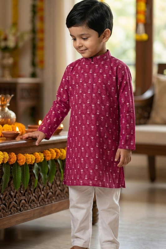 Pink Booti Kurta Pajama Sets for Boys|Pure Cotton