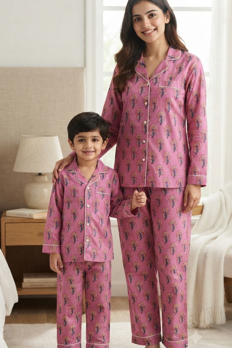 Pink Boota Twinning Nightsuit Sets For Mother &  Kids| Pure Cotton