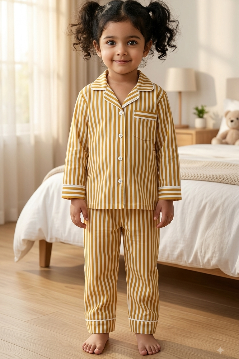 Mustard Strip Twinning Nightsuit Sets For Mother &  Kids| Pure Cotton