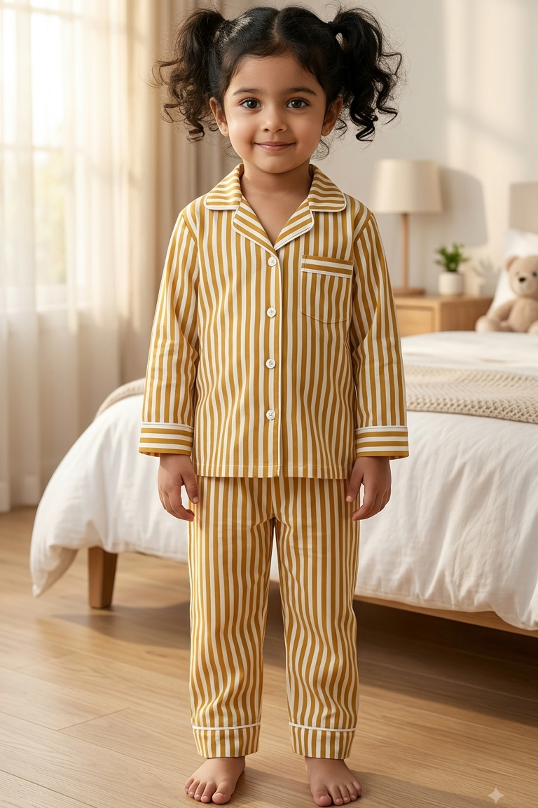 Mustard Strip Nightsuits for kids| Unisex| Pure Cotton