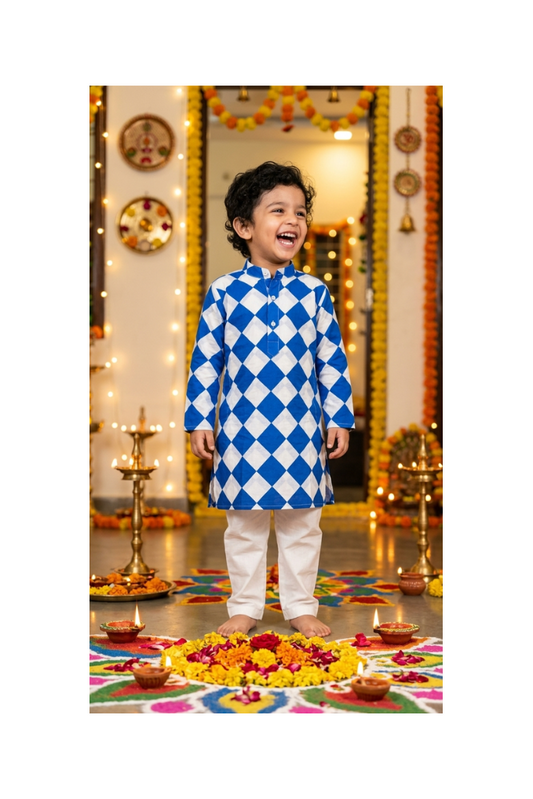 Blue Square  Kurta Pajama Sets for Boys|Pure Cotton