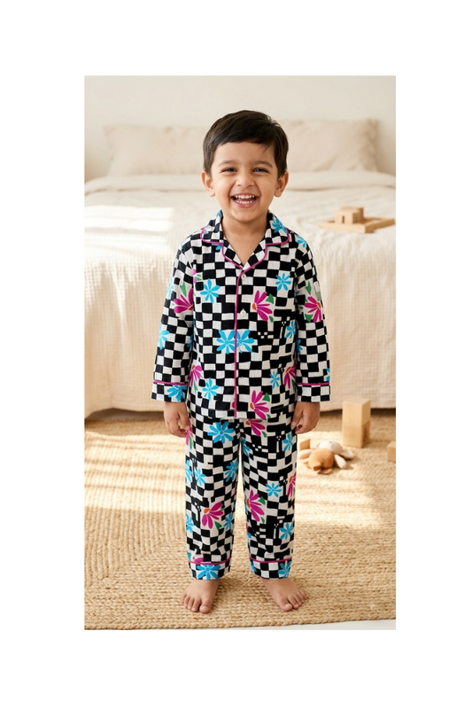 Black Checkerboard Nightsuits for kids| Unisex| Pure Cotton
